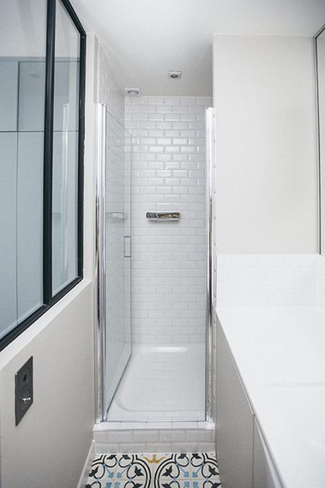 Photo of bathroom with narrow walk-in shower. Small Shower Stalls, Blue Shower Tile, Shower Stalls, Small Shower, Small Bathroom With Shower, Walk In Shower Enclosures, Narrow Bathroom, Small Showers, Steam Showers Bathroom