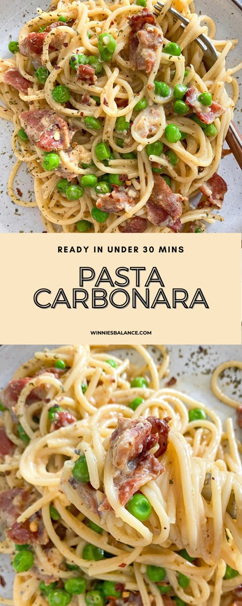 Pasta Carbonara - WINNIESBALANCE Recipe With Spaghetti Noodles, Easy Carbonara Sauce, Yummy Pasta Dinners, Recipes With Spaghetti Noodles, Best Carbonara Recipe, Carbonara Pasta Sauce, Pasta With Peas And Bacon, Carbonara Sauce Recipe, Traditional Carbonara Recipe