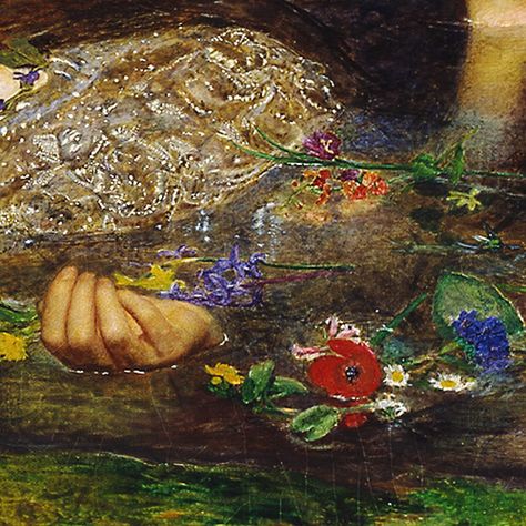 Pre Raphaelite Art: Ophelia (detail) by John Everett Millais. Tate Britain. 1851. Millais Ophelia, John Everett Millais Ophelia, Ophelia Painting, Everett Millais, Pre Raphaelite Paintings, Pre Raphaelite Art, John Everett Millais, Royal Academy Of Arts, Pre Raphaelite