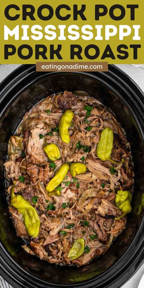 Simple Crock Pot Mississippi Pork Roast cooks with so much flavor in the crockpot for the perfect Sunday Night Meal. Simple ingredients makes a family favorite. Roast is a staple Sunday night meal. It is a great way to start the week as it is the ultimate comfort food. It is delicious served with your favorite vegetable and everyone looks forward to it every week. #eatingonadime #crockpotroast #easyrecipe Healthy Pot Roast Crockpot, Ms Pot Roast Crock Pot, Crock Pork Roast, Crocket Pot Recipes, Crockpot Meat For A Crowd, Mississippi Mud Roast Crock Pot, How To Cook A Roast In The Crockpot, Pork Sirloin Tip Roast Crock Pot, Southern Pot Roast Crock Pot Recipes