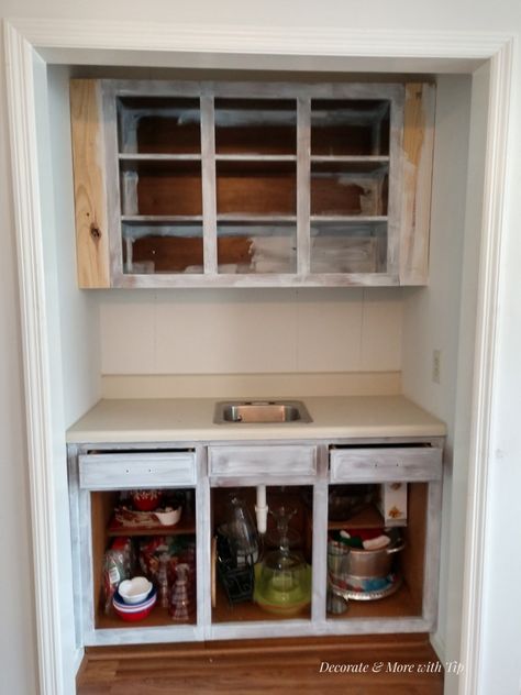 WET BAR CLOSET MAKEOVER – CABINETS – Decorate & More with Tip Wet Bar Transformation, Wet Bar Closet Makeover, Closet Turned Bar, Small Wetbar Remodel Ideas, Wet Bar Repurpose Ideas, Wet Bar Closet, Bar Cabinet With Sink, How To Update An 80s Wet Bar, Ikea Wet Bar