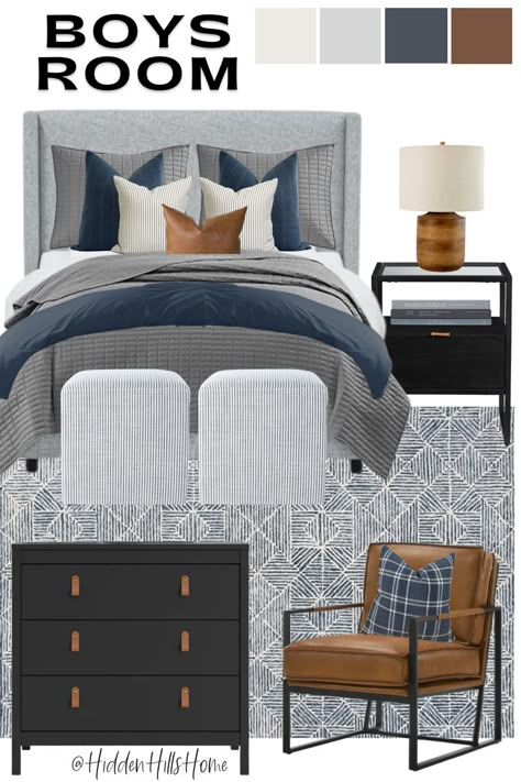 Boys bedroom decor design with a gray upholstered bed and gray, navy, and leather accents throughout Young Mans Bedroom, Boy Room Bedding, Boys Bedroom Modern, Big Boy Rooms, Teen Boys Room, Teenager Bedroom Boy, Teenage Boy Room, Boy Bedroom Ideas, Boy Bedrooms