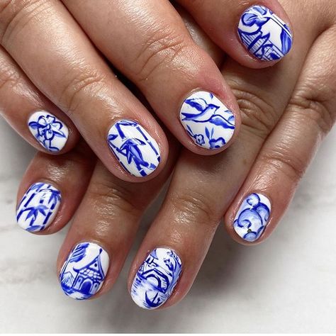 Porcelain Nail Art, Nails For All Seasons, China Nails, Eye Nail Art, Textiles Art, Ethereal Makeup, Glass Slippers, Hand Painted Tiles, Cute Nail Ideas