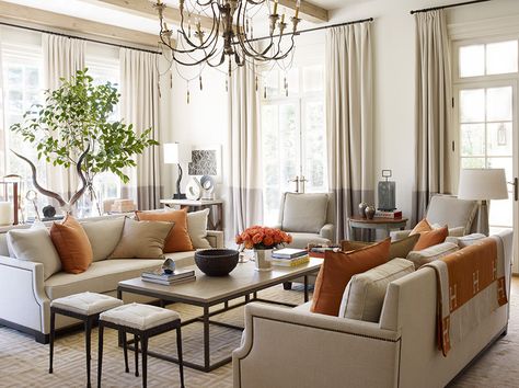 We love the way Suzanne Kasler incorporated accents of warm persimmon in this neutral room to create a sophisticated and inviting space. | From her new book, Timeless Style Formal Living Room Decor, Casa Interior, Furnitur Ruang Keluarga, Suzanne Kasler, Beige Living Rooms, Design Salon, Cubicle, A Living Room, Formal Living