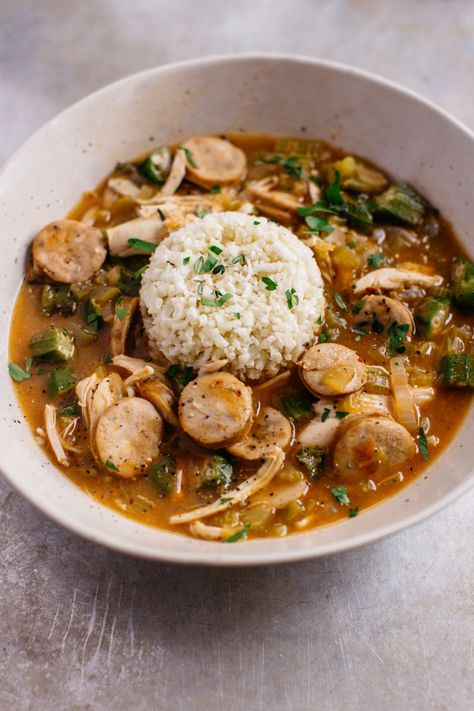 The Defined Dish Whole 30, The Defined Dish Recipes, Healthy Gumbo Recipe, Whole 30 Chicken, Frozen Okra, Chicken And Sausage Gumbo, Roasted Okra, The Defined Dish, Defined Dish