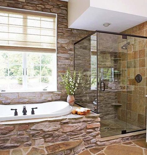 18 Charming Ideas For Adding Rustic Touch To The Bathroom Grey Laminate Flooring Kitchen, Bathroom Stone Wall, Cottage Bathroom Design Ideas, Natural Stone Bathroom, Bathroom Improvements, Rustic Bathroom Designs, Stone Bathroom, Cottage Bathroom, Steam Showers Bathroom