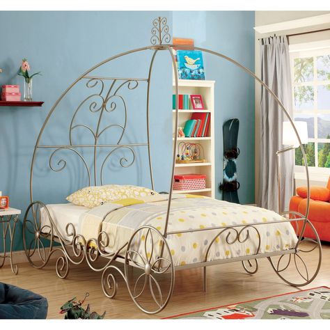 Furniture of America Princess Dream Carriage-Inspired Champagne Metal Bed (Twin size), Gold Princess Transformation, Princess Carriage Bed, Unusual Beds, Carriage Bed, Twin Canopy Bed, Princess Canopy Bed, Princess Canopy, Metal Canopy Bed, Royal Bedroom