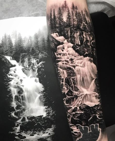 Black And White Waterfall, Mountain Sleeve Tattoo, Waterfall Tattoo, Natur Tattoo Arm, Wilderness Tattoo, Scenery Tattoo, Lace Tattoos, River Tattoo, Mens Tattoos