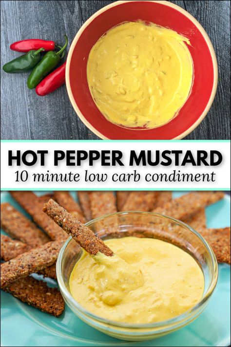 If you want to spice up your next sandwich, hot dog or hamburger try this easy hot pepper mustard recipe that just happens to be low carb as well. In just a few minutes you can make this keto spread and use it as a dip or in your cooking for added spice and flavor. One tablespoon of this small batch mustard recipe has just 50 calories and 0.4g net carbs. Hot Pepper Mustard Recipe, Pepper Mustard Recipe, Mcdonalds Hot Mustard, Mustard Dipping Sauce, Creamy Salad Dressing, Mustard Recipe, Pizza Sauce Homemade, Vinaigrette Recipes, Low Carb Diet Recipes