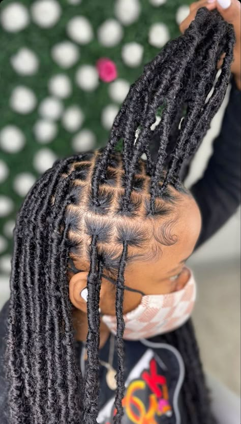 Medium Sized Faux Locs, Soft Locs Hairstyles With Color, Soft Loc Parts, Soft Loc Parting, Soft Locs Medium Parts, Parts For Soft Locs, Kids Faux Locs, Long Soft Locs With Color, Types Of Locs