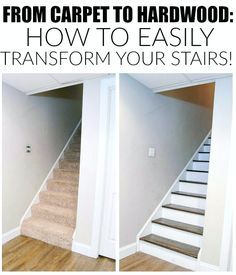 The easiest way to remove carpet and completely transform wood stairs. Diy Stairs Makeover, Stairs Makeover Ideas, Carpet Diy, Stairs Renovation, Stair Makeover, Removing Carpet, Diy Staircase, Stairs Makeover, Staircase Remodel