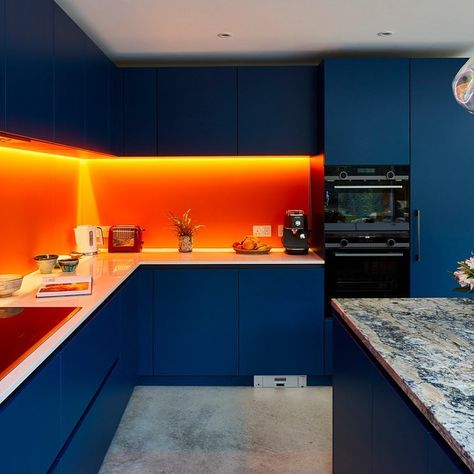 Blue Kitchen Inspiration, Dark Kitchens, Danish Kitchen, Phillips Hue, Kitchen Extensions, Handleless Kitchen, European Kitchens, Kitchen Company, Bespoke Kitchen