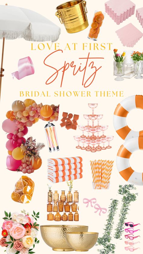 Shop this citrus bridal shower theme decor list! Pastel Bridal Shower Theme, Aperol Spritz Bridal Shower Theme Backdrop, Sunset Bridal Shower Theme, Colorful Bridal Shower Theme, Bridal Shower Theme February, Bridal Shower Aperol Spritz, Spritz Themed Bridal Shower Ideas, Girly Bridal Shower Themes, March Bridal Shower Ideas