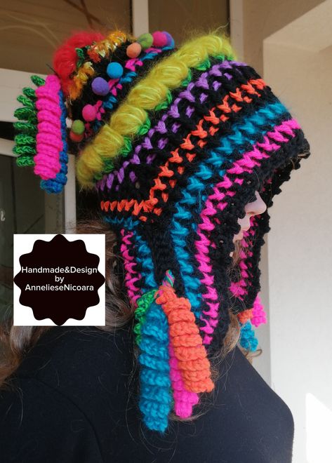 Crochet Mohawk Hat, Crochet Mohawk, Crochet Hooded Scarf Pattern, Crochet Hooded Scarf, Funky Hats, Granny Square Crochet Patterns Free, Crochet Winter Hats, Colorful Hat, Crochet Knit Hat