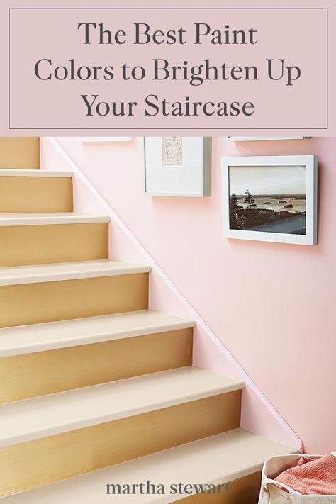 Paint expert-approved paint colors to try on your staircase to help create a light and airy space. From classic white to sky blue and beyond, our experts share their favorite hues for steps and risers. #paintcolors #marthastewart #paintideas #paintcolorideas #bestpaintcolors #homeinspiration Stairwell Paint Colors Stairways, Colorful Staircase Ideas, Staircase Colours Paint Colors, Paint Ideas For Stairway Walls, Accent Wall Staircase Paint Colors, Paint Colors For Stairway Walls, Staircase Wall Color Ideas, Staircase Paint Colors, Staircase Painting Ideas Wall