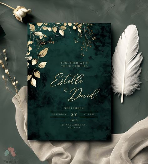 This wedding invitation beautifully combines the elegance of dark green with luxurious gold accents, creating a perfect blend of sophistication and nature-inspired charm. Designed with intricate gold leaves and botanical elements, this invitation is ideal for couples seeking a timeless and classy design for their special day. TRY BEFORE YOU PURCHASE Copy the link and paste it into your browser.   DEMO Link: https://www.canva.com/design/DAGKvxhoF5o/l1-tdthNVYlVY7QbD-GffA/view?utm_content=DAGKvxho Twilight Themed Wedding Invitations, Emerald Green And Black Wedding Invitations, Green Gold Quinceanera Theme, Champagne Gold And Emerald Green Wedding, Wedding Invitations Forest Green, Green Gold Champagne Wedding, Dark Green Theme Wedding, Forest Green And Grey Wedding, Evergreen And Gold Wedding