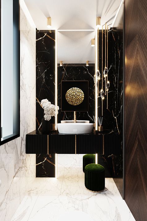 Bathroom Interior Design Luxury Black, Bathroom Design Ideas 2023, Washroom Tiles, Bathroom Interior Design Luxury, Dubai Villa, Bathroom Wallpaper Ideas, Modern Luxury Bathroom, Bathroom Towel Decor, Bathroom Design Black