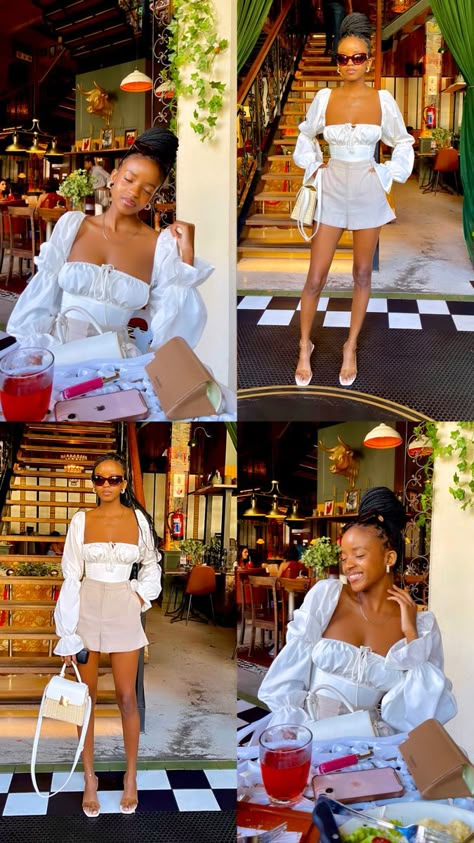 Black woman in luxury Picnic Outfit Shorts, Picnic Outfit Ideas Black Women, Classy Brunch Dress, White Brunch Outfit Classy, Lunch Date Ideas Outfit, Outfits For Petite Black Women, Brunch Black Women Outfit, Brunch Dress Black Women, White Brunch Outfit Black Women