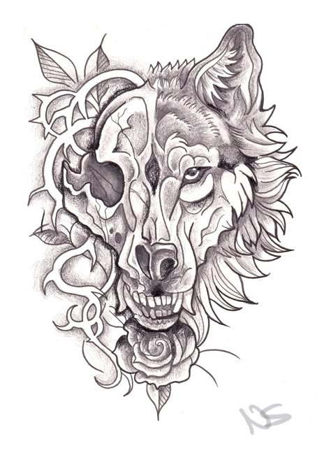 Neo traditional wolf and skull tattoo Half Wolf Half Skull Tattoo, Wolf Tattoo Drawing Sketches, Wolf Skull Tattoo Design, Skull Wolf Art, Wolf And Skull Tattoo, Wolf Skull Art, Wolf Skull Drawing, Animal Skull Tattoo Design, Wolf Head Tattoo Design