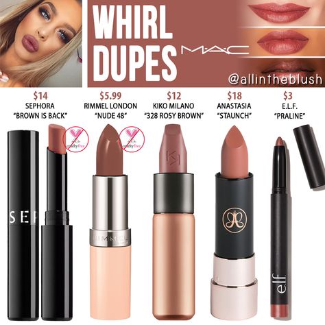 I have another MAC Cosmetics Lipstick dupe to share with you! The next shade up on the dupe list is “Whirl”, a dirty rose ... Whirl Lipstick, Mac Whirl, Matte Make Up, Mac Cosmetics Lipstick, Make Up Inspiration, Makeup Guide, Trendy Makeup, Makeup Swatches, Smokey Eyes