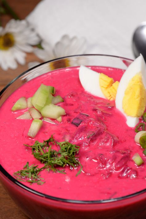 Latvian cold beet soup is loved all over the Baltic States and many other places as well. It is a refreshing soup for a hot summer day.  There are numerous variations to this dish and this one was excellent. The color is a spectacular bright pink.  It is served with a topping of a cut up ... Cold Beet Soup, Beet Soup Recipes, Lithuanian Recipes, Beetroot Soup, Beet Soup, European Cuisine, Soup And Stew, Slow Food, International Recipes