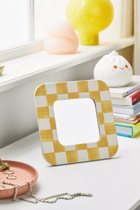 Checkerboard Mirror, Square Mirror Ideas Diy, Square Mirror Decor, Square Mirror Ideas, Mirrors Urban Outfitters, Ceramic Mirror, Ceramic Frame, Ceramic Framed, Flower Mirror