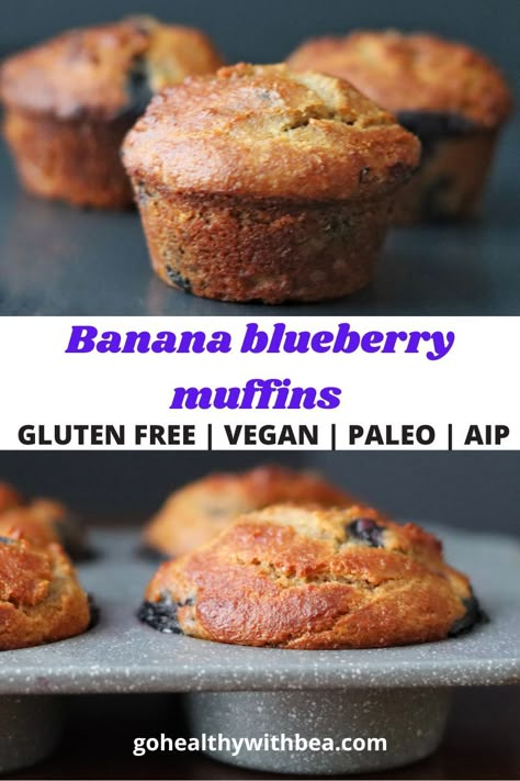 Gluten Free Banana Blueberry Muffins (vegan, paleo, AIP) Aip Blueberry Muffins, Aip Banana Muffins, Aip Breakfast Muffins, Aip Muffin Recipes, Aip Banana Recipes, Aip Snacks Easy, Aip Breakfast Recipes Easy, Aip Recipes Breakfast, Aip Muffins