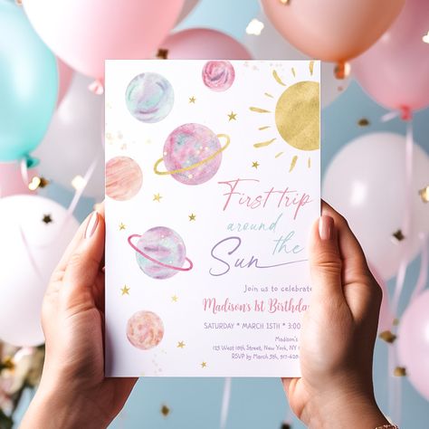 This adorable design features hand painted watercolor planets in pastel colors with faux gold foil stars. Pastel Space Party, Another Trip Around The Sun Birthday, First Trip Around The Sun Girl, First Birthday Space, Moon Pastel, Pink Gold Birthday, Two The Moon, Space Birthday Invitation, Pink Space