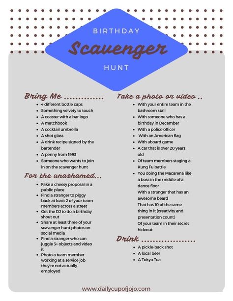 Adult Scavenger Hunt Ideas Hilarious, Camping Birthday Party Games, Birthday Parties Ideas, Adult Birthday Party Ideas, Picture Scavenger Hunts, Birthday Scavenger Hunt, Scavenger Hunt Party, 21st Birthday Checklist, Scavenger Hunt Ideas