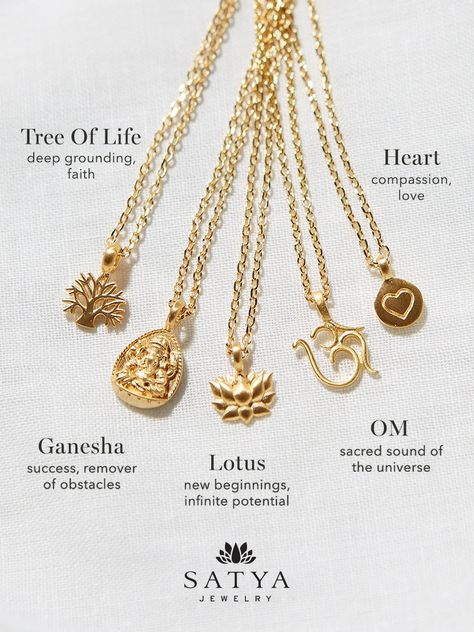 These 18KT gold plated meaningful necklaces will guide you on your journey. Give the gift of grounding, success, new beginnings, or love with our Tree of Life, Ganesha, Lotus or Heart Necklaces. You can even hold the sacred sound of the universe close to your heart with our Om necklace. Meaningful Pendant Necklace, Om Necklace Gold, Pendent Design Gold, Om Pendent, Meaningful Jewelry Necklaces, Spiritual Gift Ideas, Meaningful Necklaces, Hindu Necklace, Ganesha Necklace