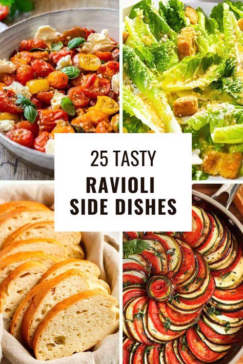 These 25 Ravioli Side Dishes are delicious, easy to make, and perfect for an Italian-inspired family dinner! From broccoli rabe and garlic bread to Ceaser salad, these side dishes are sure to impress! Wether you're serving lobster ravioli, cheese ravioli, or any other type, we have something for you here! What To Serve With Ravioli, Ravioli Dinner Ideas, Pasta Side Dishes Easy, Spinach And Cheese Ravioli, Fried Spinach, Spinach Ravioli, Pumpkin Ravioli, Dinner Recipes Healthy Family, Lobster Ravioli