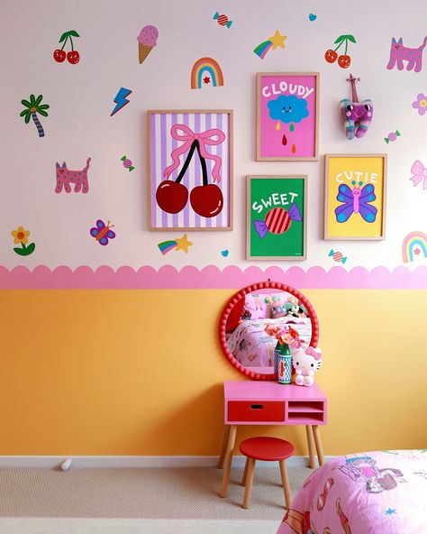 Since I just released a bunch of new posters and decals it’s was only right to makeover a whole new space in Lola’s room for it all 😉 We said goodbye to the retro rainbow wave and hello to something even more fun🌈🎀🍒 Bright Colour Nursery Ideas, Maximalist Toddler Room, Lisa Frank Room, Fun Toddler Room, Retro Nursery Ideas, Colorful Kids Room Ideas, Colorful Toddler Room, Kids Rainbow Bedroom, Rainbow Bedroom Ideas Kids