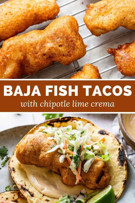 These Baja fish tacos are a must-try! Crispy fish, crunchy cabbage slaw, and a creamy chipotle mayo all in this easy and delicious recipe. Chipotle Mayo Recipe Fish Tacos, Halabit Fish Tacos, Cod Tacos With Cabbage Slaw, Cod Fish Tacos Recipes, Barramundi Tacos, Baha Fish Tacos, Shrimp Tacos With Cabbage Slaw, Fish Taco Slaw, Fish Tacos With Cabbage Slaw