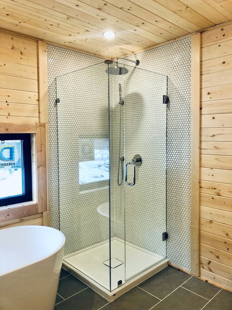 Knotty Pine Bathroom Ideas, Knotty Pine Cabin, Prefabricated Cabins, Pine Cabin, Eagle Crest, Cabin Bathroom, Wood Houses, Cabin Bathrooms, Roof Extension