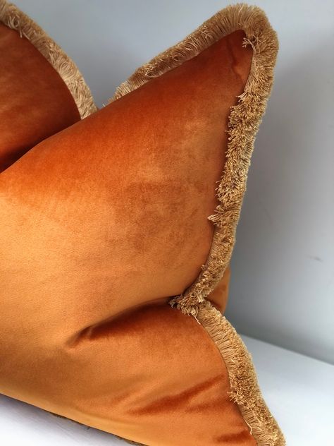 "1 x Cover only Upholstery quality fabric Colour: Orange + custom fringe Fabric: polyester velvet Care: dry clean only Opening :zip Due to computer differences and lighting, colours may vary slightly from what appears on the photos. If unsure please purchase a sample as all our cushion covers are hand made to order. Sample ✂️ https://www.etsy.com/uk/listing/1019372385/fabric-samples?ref=shop_home_active_79&frs=1&crt=1 Please don't hesitate to message me about custom sizes. S I Z E G U I D E The Burnt Orange Cushions, Burnt Orange Pillows, Funky Home, Fringe Fabric, Orange Cushions, Funky Home Decor, Luxury Pillows, Orange Velvet, Orange Pillows