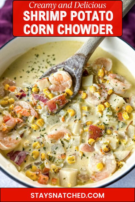 This Creamy Shrimp and Corn Chowder is irresistible comfort food at its finest! This hearty soup is loaded with succulent shrimp, sweet corn kernels, crispy, smoky bacon, and tender chunks of potatoes. The velvety broth pairs wonderfully with the vegetables to bring everything together. Shrimp And Corn Chowder, Shrimp And Corn Soup, Crab And Shrimp Recipe, Crab And Corn Chowder, Shrimp Corn Chowder, Corn And Potatoes, Corn Bisque, Shrimp And Corn, Shrimp Chowder