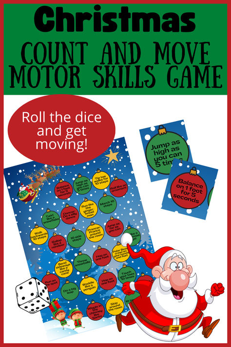 Christmas themed counting, fitness and movement break / brain break activity. Get kids counting and moving and have some Christmas festive fun at the same time! The game is suitable for any number of children and can be played by one child or a whole class. This Christmas game is perfect for young children, including preschool, kindergarten and first grade.

Roll a dice, move the correct number of ornaments, then perform the action. Christmas Movement Activities, Christmas Gross Motor, Fitness Games For Kids, Christmas Math Games, Roll A Dice, Kids Counting, Preschool Math Games, Christmas Workout, Counting For Kids