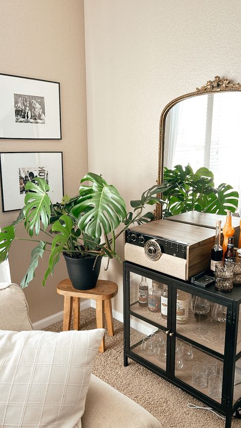 Bar Cart Mirror, Vinyl Bar Cart, Cozy Record Player Corner, Bar Cart With Record Player, Bar Cart Record Player, Record Player In Dining Room, Record Player Bar Cart, Mirror Corner Ideas Living Room, Record Player Setup Living Rooms