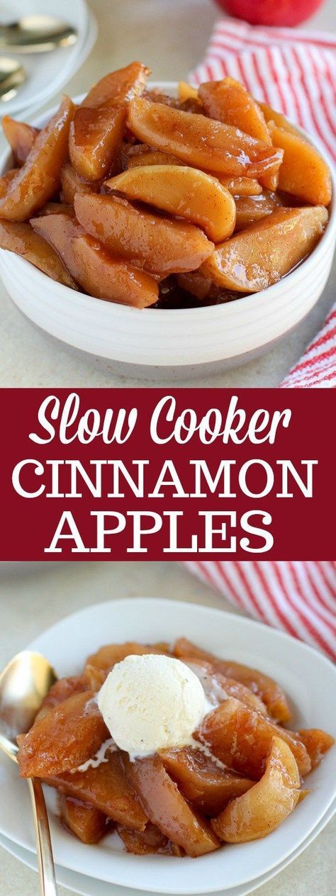 Slow Cooker Cinnamon Apples - An easy recipe for Cinnamon Apples covered in a cider-maple syrup glaze. These sweet and tender apples taste like the inside of an apple pie. Baked Cinnamon Apples Crockpot, Healthy Crockpot Apples, Crock Pot Cinnamon Apples, Crockpot Baked Apples, Slow Cooker Breakfast Casserole, Slow Cooker Baking, Slow Cooker Apples, Crock Pot Desserts, Cinnamon Recipes