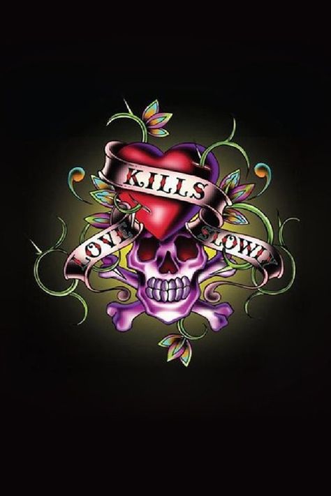 Love Kills Slowly... Ed Hardy Tattoos, Ed Hardy Designs, Love Kills Slowly, Skull Quote, Love Kills, Skull Pictures, Sugar Skull Art, Skull Artwork, Pink Skull