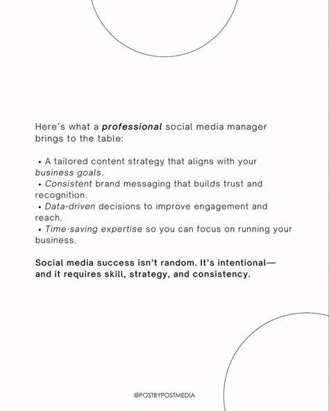 SOCIAL MEDIA MANAGEMENT | Post by Post Media | As a business owner, you might think you can handle your own social media, but here’s the truth: posting without a strategy just isn’t... | Instagram Social Media Success, Media Management, Build Trust, Content Strategy, Data Driven, Business Goals, Social Media Management, Social Media Manager, Business Owner