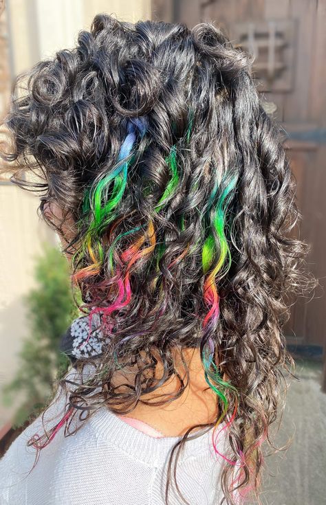 Rainbow Hair Curly Natural, Curly Hair Rainbow Highlights, Rainbow Streaks In Hair, Rainbow Curly Hair, Curly Rainbow Hair, Rainbow Hair Highlights, Ombre Curly Hair, Hair Stripping, Curly Color