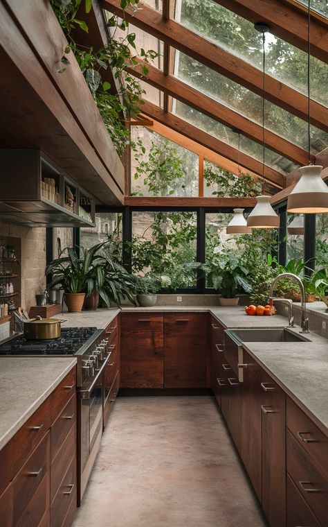 Greenhouse Style Kitchen, Wooden Houses Interior, Subbasement Design, Interior Design Kitchen Cozy, Entry Into Kitchen Main, Cottagecore Modern Kitchen, Small Kitchen Lots Of Windows, Light Filled Kitchen, Open Plan Cottage Kitchen