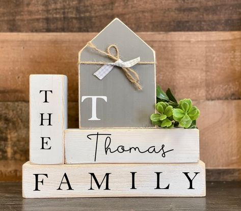 Diy Scrap Wood Gift Ideas, Tier Tray Wood Blocks, Everyday Wood Decor, Farmhouse New Home Gift, Wood Craft Decor, Wood Craft Gift Ideas, Family Blocks Wooden Diy, Seasonal Wood Decor, Farmhouse Wooden Decor