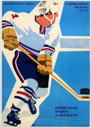 Ice Hockey World Championships 1972 - original vintage winter sport poster Mistrovstvi sveta v lednim hokeji Praha 1972 Drzime palce sportu a pratelstvi Ice Hockey World Championships Prague January 1972 Sport and friendship listed on AntikBar.co.uk #IceHockey #Championship #Sport #Friendship #Hokeji #Praha #FriendshipMonth Fantasy Hockey, Ice Hockey Sticks, Hockey Posters, Nfl Football Art, Ice Hockey Players, Ski Posters, Sport Illustration, Football Art, Winter Sport