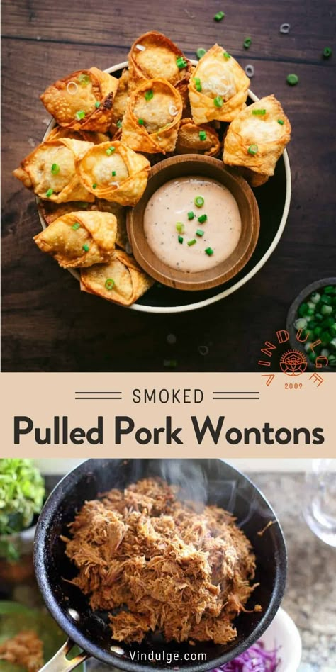 Delicious, crispy, Pulled Pork Wontons. We veer from the traditional Chinese wonton soup and instead fill our wrapper with leftover Smoked Pulled Pork, barbecue sauce, cheese, and onions. Sometimes some of the best meals are made from leftovers. Pulled Pork Barbecue Sauce, Chinese Wonton Soup, Pulled Pork Appetizer, Pork Wonton Recipe, Leftover Pork Loin Recipes, Pork Wontons, Pulled Pork Leftover Recipes, Pulled Pork Enchiladas, Wonton Wrapper Recipes