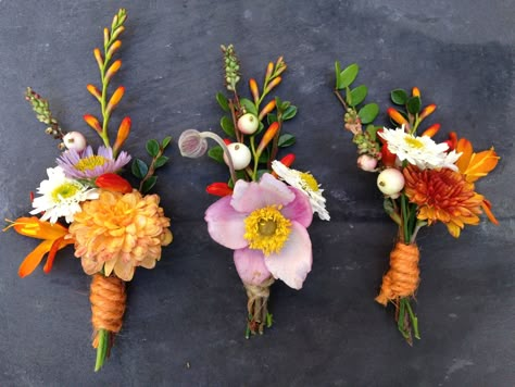 Diy Buttonholes Wedding, Colourful Boutonniere, Colourful Buttonholes, Orange Buttonhole, Colorful Boutonniere, Buttonholes Wedding, Orange Purple Wedding, Orange Boutonniere, Wedding Buttonholes