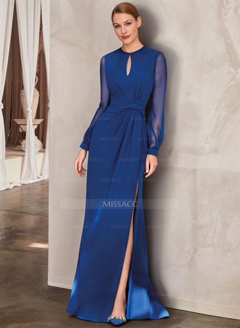 Sheath Scoop Neck Long Sleeves Floor-Length Chiffon Mother Of The Bride Dresses With Split Front Dresses With Split, Mom Dress, Bride Dresses, Evening Dresses Prom, Mother Of The Bride Dresses, Casual Shoes Women, Bride Dress, Mother Of The Bride, Floor Length