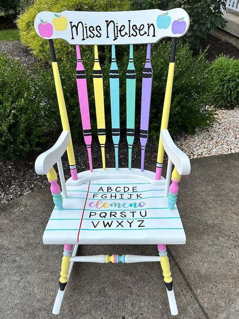 Teacher Rocking Chair Design, Custom Teacher Chair Design, Teacher Chair Design YOU SUPPLY CHAIR Chair Not Included Convo B4 Order - Etsy School Rocking Chair, Rocking Chair Classroom, Painted Teacher Chair Classroom, Rocking Chair Teacher, Teacher Chairs For Classroom Diy, Classroom Rocking Chair Diy, Classroom Rocking Chair Teachers, Teacher Chair Ideas, Teacher Rocking Chair Painted Diy