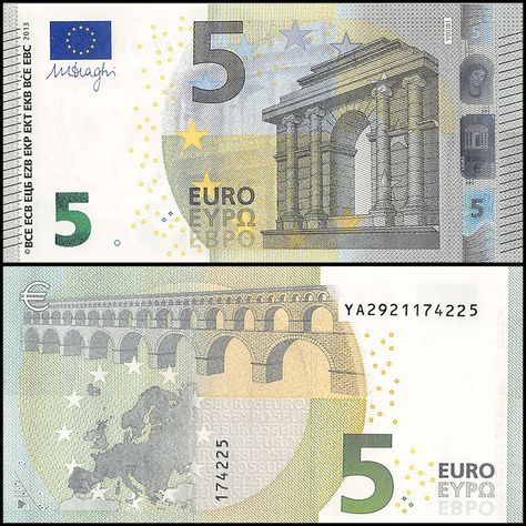 EU - Greece 5 Euro Banknote, 2013. Front features an arch designed in classical architecture. Reverse of the banknote features an image of a bridge as well as a map of the European Union. One last interesting fact about Euro banknotes is that the first letter/prefix in the serial number identifies the country where the banknote was issued. For example Y = Greece / X = Germany / U = France and so on. The image of the 5 Euro used for this post has a Y in the beginning so it was issued by Greece. Currency Design, Pokemon Perler Beads, Currency Note, Invisible Ink, Fake Money, Grey Color Scheme, Coins For Sale, Barbie Accessories, Us Dollars